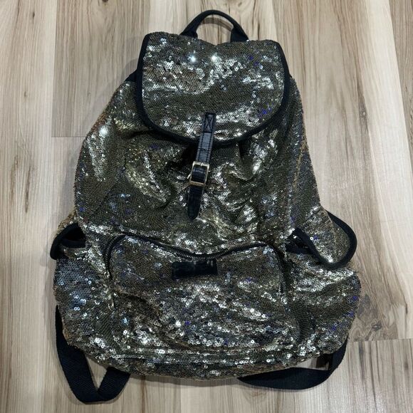 Victoria’s Secret PINK Gold Sequin Drawstring Backpack Large - Picture 1 of 4